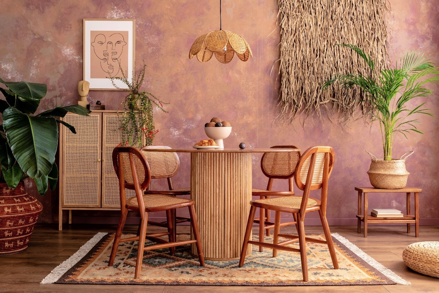 A decorated dining room with a pink and orange marbled wall, plants, and wood elements.