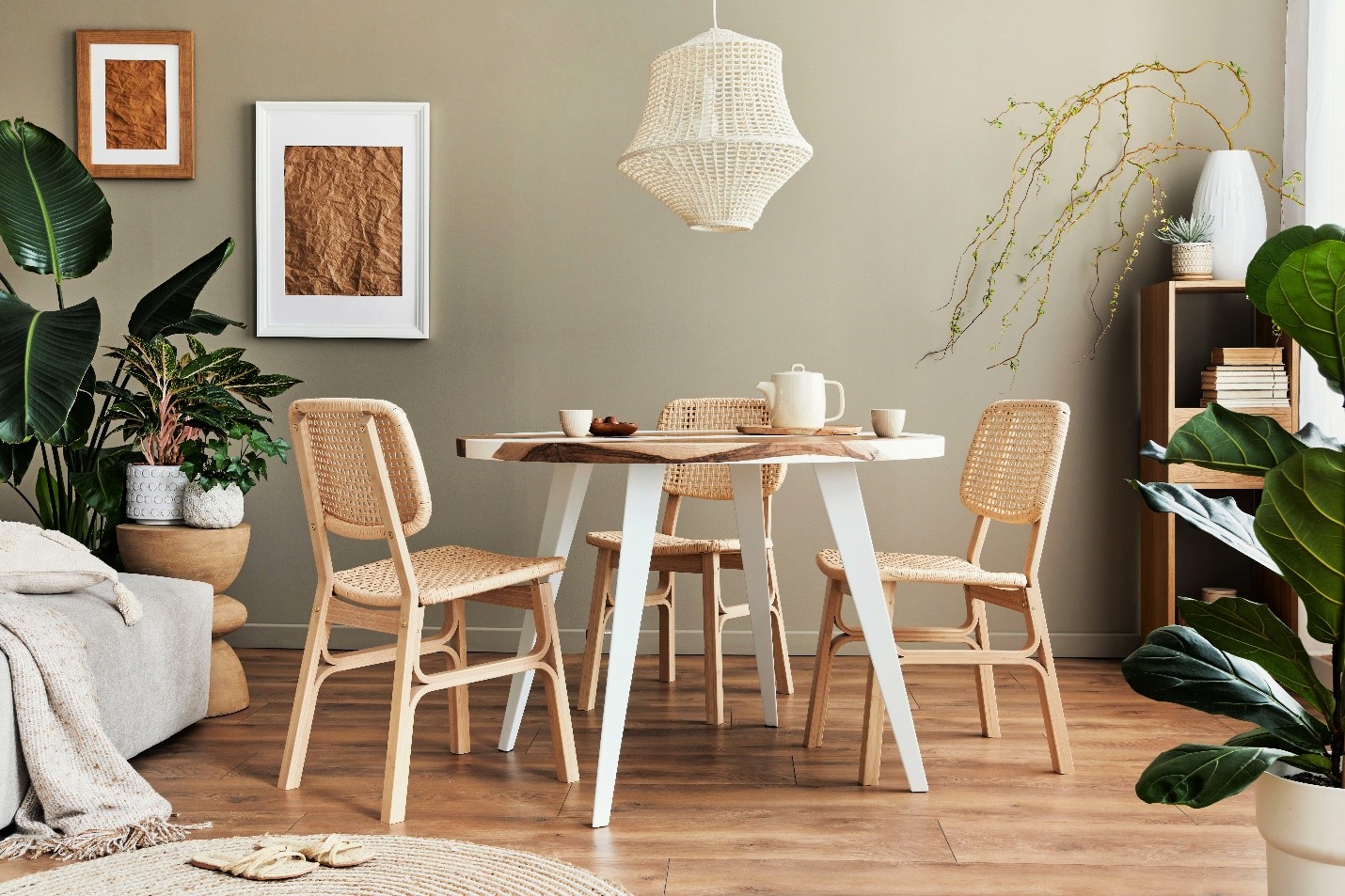 A dining area with mixed wood furniture, net lighting, and a cool green-gray wall.