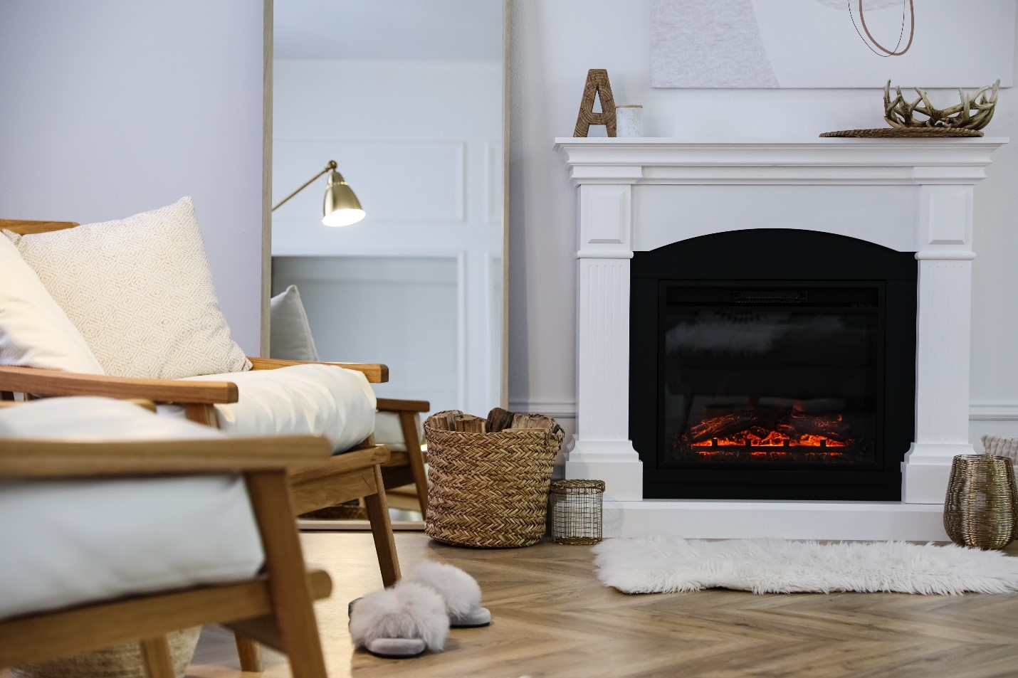 An interior of a home, focused on the fireplace.