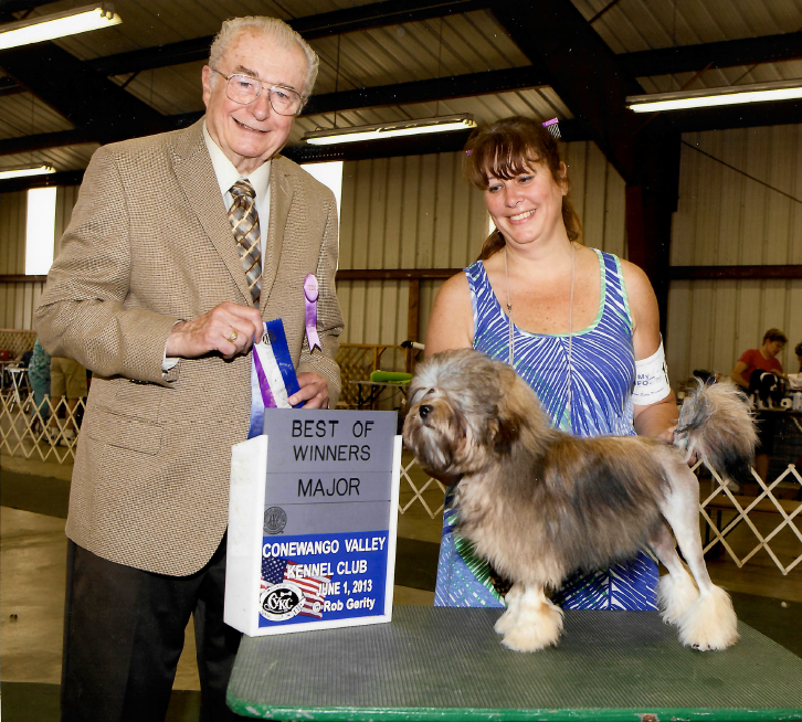 Sherri standing with her award winning dog, Ginger. There is a man on their left, presenting the award ribbon to Ginger.